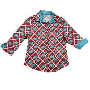 Haley & The Hound Shirt Womens 10 All Over Print Elephants Button Up 3/4 Sleeve